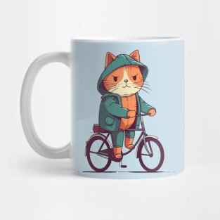 Funny cat with raincoat rides the bicycle Mug